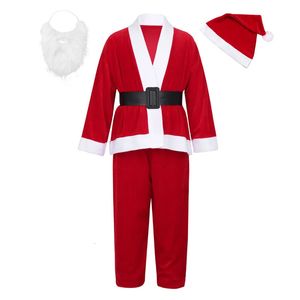 Kledingsets Kinderen Jongens Kerstman Kostuum Pak Pluche Vader Fancy Kleding Kerst Cosplay Props Kind Jas Broek Baard Riem Hoed Kerst Set 231017