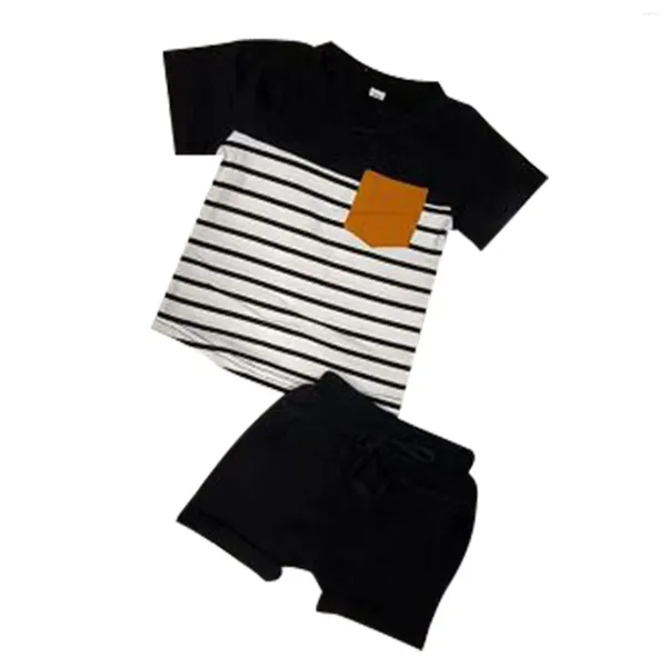 Vêtements Ensembles pour enfants Set Summer Summer Contrôle de cou rond Contrast Stripe Top Black Lace Up Shorts Two Birthday Toddler Boy Boy Shirt