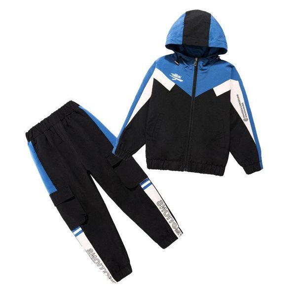 Ensembles de vêtements Enfants Garçons Printemps / Automne Costume de sport Spell Color Hooded Jacket + Pants 2pcs Of Big Virgin