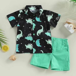 Ensembles de vêtements enfants garçons vêtements d'été tenues dinosaure imprimé manches courtes col rabattu dessus de chemise couleur unie shorts 2 pièces costume 12 M-5