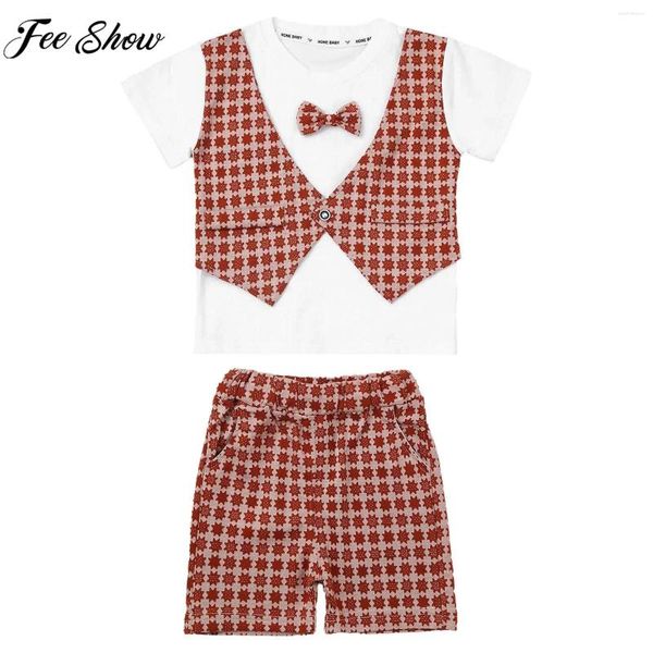 Vêtements Ensembles Kids Boys Tenue d'été Birthday Wedding Party Mentlemen Suit SCOLOW Uniform Short Sleeve Fake Two Pieces T-shirt avec short