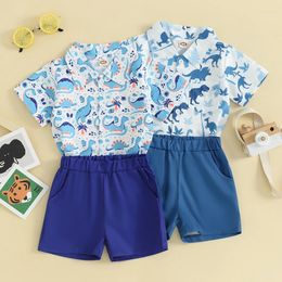 Kledingsets Kinderen Jongens Zomer Se Revers Hals Korte Mouw Button Down Tops Elastische taille Shorts Peuter 2-delige Dinosaurusoutfits