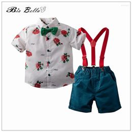 Kledingsets Kids jongens zomerpak mode babyjongen kleren bloem korte mouw tops riem broek verjaardag bruiloft 1-5y outfits