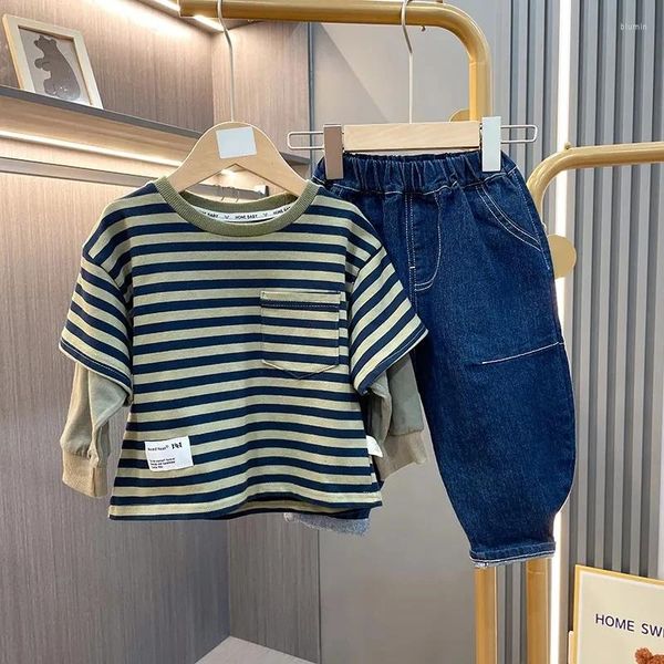 Ensembles de vêtements enfants garçons pull ensemble printemps et automne enfants à manches longues rayé t-shirt jean 2 pièces bébé