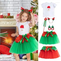 Kledingsets Kids Christmas Tutu Set T-shirt Tule Dance Rok feestjurk Balletkostuum met hoofdbandwandstaf E