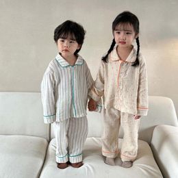 Ensembles de vêtements pour enfants, vêtements d'automne pour bébés filles, pyjama 2 pièces en fil de coton pur, manches longues, col rabattu, frais et Simple, 2023