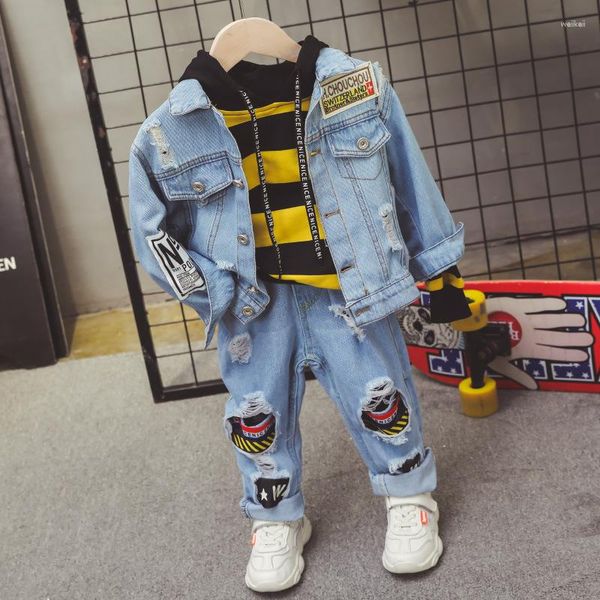 Ensembles de vêtements enfants vêtements garçons à manches longues veste en jean à capuche jean 3 pièces costume de sport 2023 ensemble décontracté