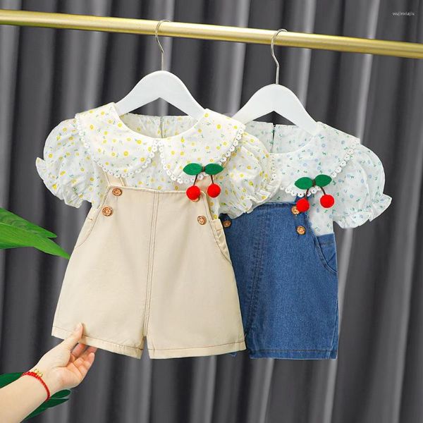 Conjuntos de ropa Ropa para niños Moda para 1-4 años de edad Falda de manga corta Monos Conjunto de dos piezas Cherry Puff Doll Collar Sweet