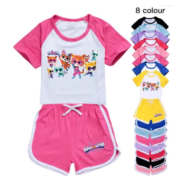 Conjuntos de ropa Ropa para niños Super Kitties Summer Baby Boys Biños Camiseta informal Pantalones cortos Sport Outfits para niños Traje 3-14Y