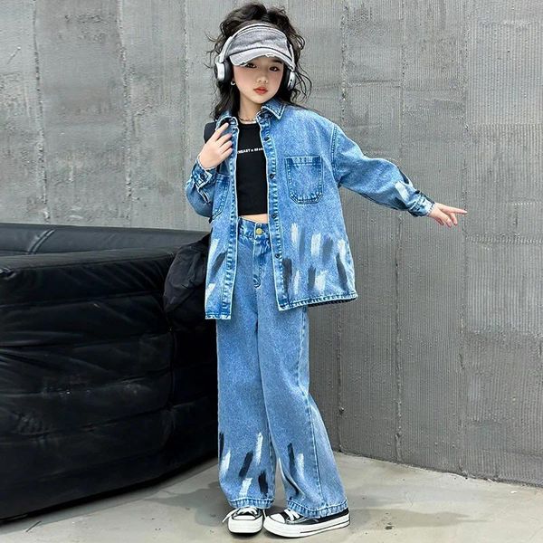 Conjuntos de ropa para niños Cowboy 2pcs traje 2024 Cazón de manga larga pantalones de pierna ancha para niños de buena calidad Ropa minorista