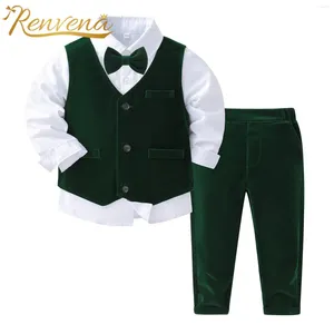 Kleding Sets Kinderen Gentleman Outfit Lange mouw Wit shirt Velet Vest en broekpak jongenskleding voor verjaardagsfeestdoopdoopkleding