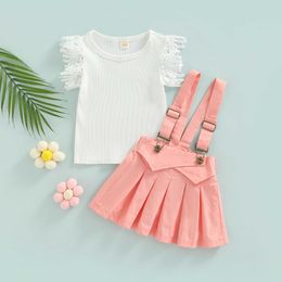 Ensembles de vêtements pour enfants filles, hauts à manches courtes et jupe à bretelles en dentelle, Patchwork de fleurs, vêtements d'été doux