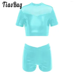 Conjuntos de ropa Niños Niñas Trajes de baile de 2 piezas Brillante Malla metálica Crop Top Bras con pantalones cortos Conjunto Tumbling Gimnasia Trotar Entrenamiento