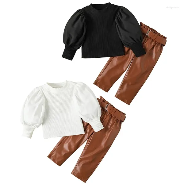 Ensembles de vêtements enfants filles automne vêtements bébé couleur unie à manches longues côtelé hauts pantalons en cuir PU ceinture 3 pièces costume enfants tenues