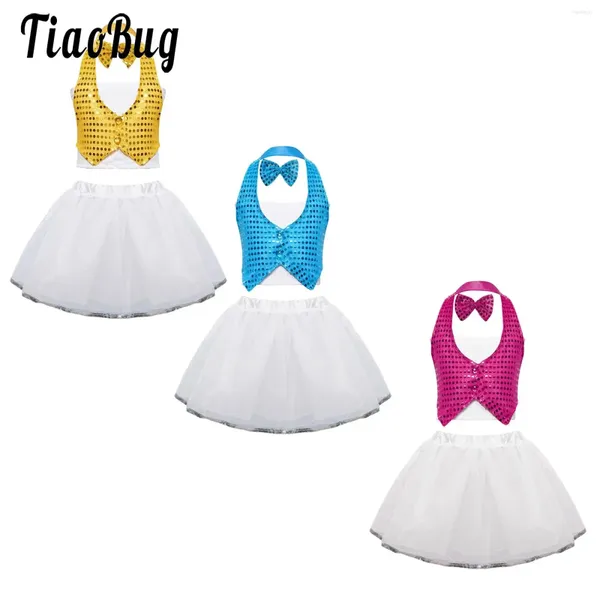 Vêtements Ensembles Kids Girls Ballet Dance Tenues Chacha Childrens Day Performance Costume Sequin Halter Self-Tie Vest Tube Top et Tutu Jupe