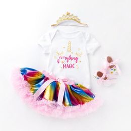 Kledingsets Kidsmeisjes Verjaardag Prinses Witte Bodysuit Kleurrijke rokken Hoofdkledingschoenen 4 stks Baby Girl Suits Outfits Clothing