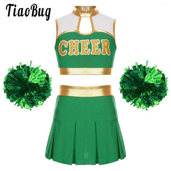 Vêtements Fents Kids Girls Cheerleading Dance Stage Performance Party Costume Costume Sans manches Crop Top Pleed Pleed Pleed Pleed Plewing and pompoms Cheerleader