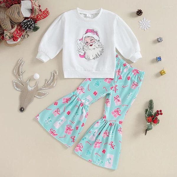 Ensembles de vêtements pour enfants filles, tenues de noël, manches longues, imprimé père noël, pull, hauts, boîte cadeau, pantalon, 4-7 ans