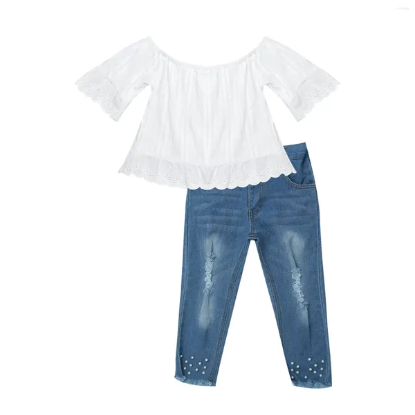 Vêtements Ensembles Kids Girls Vêtements Coton Off épaule en dentelle Hémands Ripped Beads Denim Jeans 2pcs Spring Autumn Children Costumes 2-14 ans