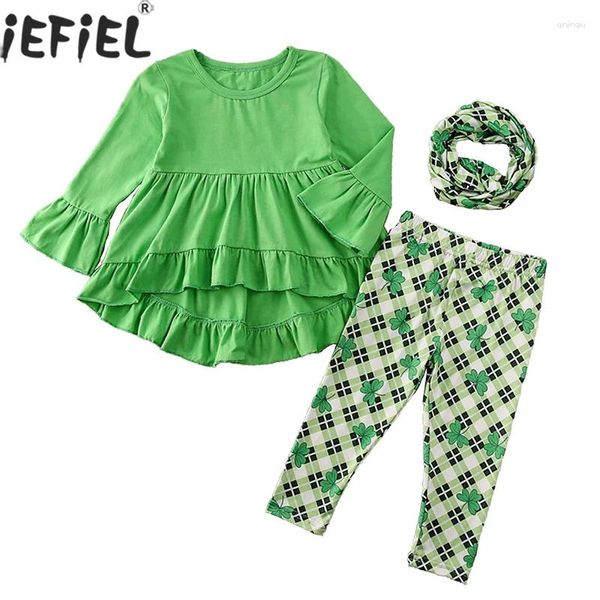 Ensembles de vêtements pour enfants pour filles ensembles de vêtements d'automne Modèle de trèfle vert Ruffle Blouse Clover Pantal Pantal