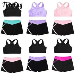 Ensembles de vêtements Enfants Filles Danse Gymnastique Sports Tenues Sans Manches Crop Top Avec Short Survêtement Ensemble 2 PCS Yoga Entraînement Fille D'été