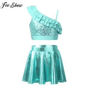 Vêtements Ensembles Kids Girls Dance tenue Performance Costume Costume en deux pièces Adolescents Dosswear Sans manches Crop Top avec jupe métallique Skorts