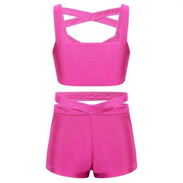 Ensembles de vêtements Enfants Filles Danse Tenues d'entraînement Couleur unie Soutien-gorge Tops Shorts Costume de vêtements de sport pour adolescents Yoga Sports Gym Performance Vêtements