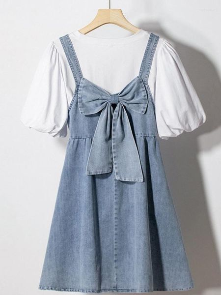 Conjuntos de ropa Niños Niñas Denim Vestido general 2023 Llegada Niños Casual Jean Vestidos Puff Manga Ropa de verano