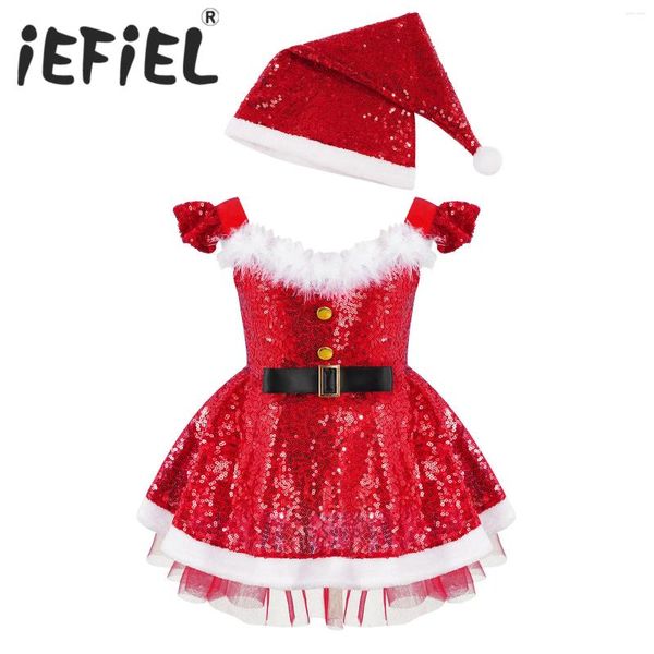 Conjuntos de ropa Niños Niñas Elfo Disfraz de Navidad Lentejuelas Piel sintética Etapa Rendimiento Vestido de baile con sombrero de Papá Noel para