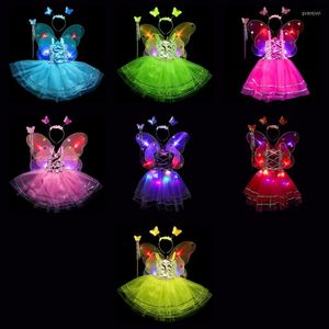 Kledingsets Kids Girls Fairy Cosplay Kostuumset Metallic Mouwess Tutu Dress Led Butterfly Angel Wing Wand Band Fancy Up 4pcs