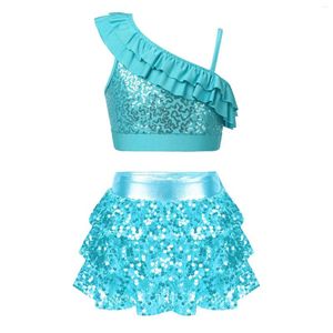 Vêtements Ensembles Kids Girls Hip Hop Jazz Dance Shiny Sequins Shiny Tiered Shorty Jirted with Gest Top Ballet Ballet Gymnastics Performance Dancewear