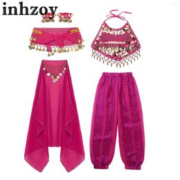 Kledingsets Kids Girls India Belly Dance Pak Glanzend lovertjes Halter Topbroek Hoofdkleding Set Halloween Cosplay Party -outfit