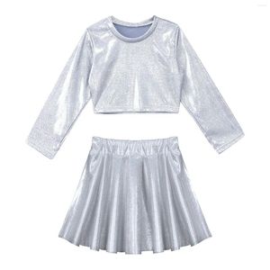 Kledingsets Kids Girls Jazz Dance Kostuum Hip-Hop Streetwear Sparkling Long Sleeve Crop Top T-shirt Geplooide rok Set voor feest