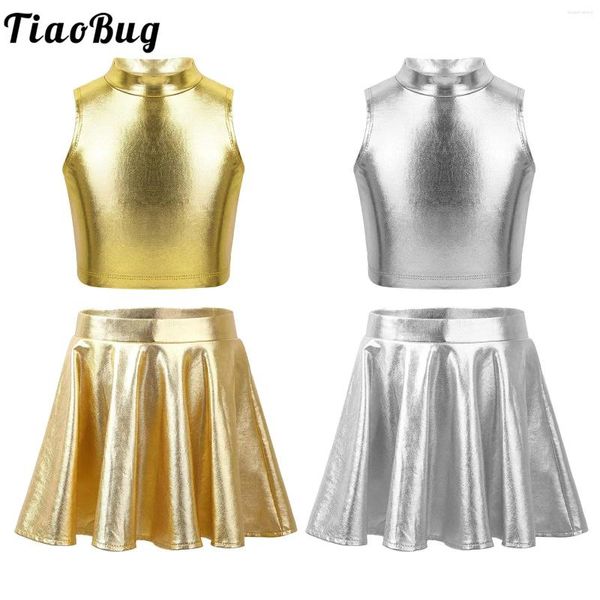 Vêtements Ensembles Kids Girls Jazz Dance Costume Metallic Shiny Crop Top Top avec Skort Jirt Street Street Hip Hop Stage Performance Dancewear