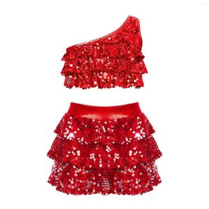 Kledingsets Kinderen Meisjes Jazzdansoutfit Glanzende pailletten Gelaagde crop-top met één schouder en mini-broekrok voor Latin-podiumdansen