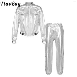 Vêtements Ensembles Kids Girls Jazz Hip-Hop Dance Costume Sports Street Dancing Performance Performance Tenue Bomber Metallic Veste Bomber avec pantalon