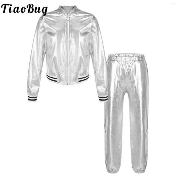 Vêtements Ensembles Kids Girls Jazz Hip-Hop Dance Costume Sports Street Dancing Performance Performance Tenue Bomber Metallic Veste Bomber avec pantalon