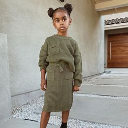 Ensembles de vêtements enfants filles jupe en tricot ensemble 2 9Y automne à manches longues col rond pull Midi robe élégante s pour l'année 221118