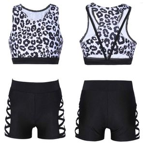 Kledingsets kinderen meisjes luipaard sportpak mouwloze tank crop top met shorts set sportkleding voor gymnastiek yoga dans hardlooptraining