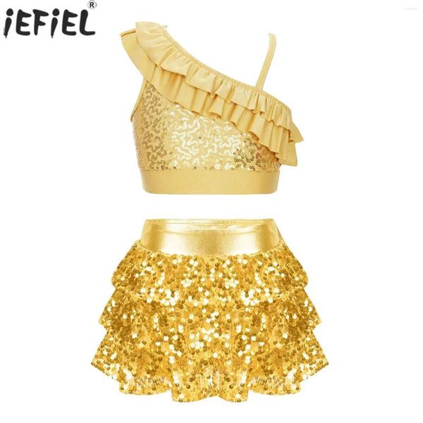 Vêtements Ensembles Kids Girls Modern Jazz Dance Costume Sequins brillants Crop Top Tiered Shorty Kirted Hip Hop Dancing Stage Performance Dancewear