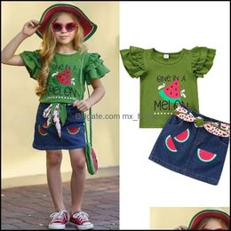 Ensembles de vêtements pour les enfants, les filles de la pastèque Printmelon Print Flying Sleeve Topsanddenim Set Summer Fashion B Mxhome Dhwkr