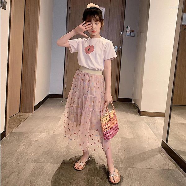 Ensembles de vêtements enfants filles tenues pour fleur T-shirt dessus de couleur unie jupe coréenne costumes vêtements d'été 6 8 10 12 ans