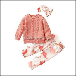 Ensembles de vêtements Enfants Filles Tenues Pull tricoté pour bébé Plover Topsanddinosaur Print Andheadband 3Pcs / Sets Mxhome Dh9Jk
