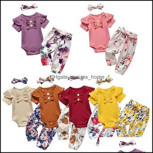 Ensembles de vêtements Enfants Filles Tenues Infant Ruffle Flying Sleeve Romper Topsandflower Floral Print Andbow Headba Mxhome Dhzpu