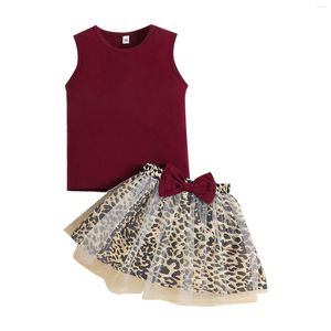 Conjuntos de ropa Conjunto de niñas para niños Verano Vino rojo Sin mangas Cuello redondo Top Patrón de leopardo Malla de punto Mantas de bebé para niñas La niña está aquí