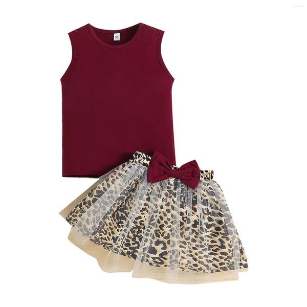 Conjuntos de ropa Conjunto de niñas para niños Verano Vino rojo Sin mangas Cuello redondo Top Patrón de leopardo Malla de punto Mantas de bebé para niñas La niña está aquí