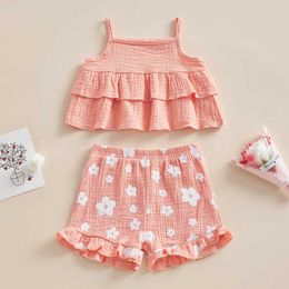 Kledingsets Kinderen Meisjes Korte zomerkleding Dubbellaags hemdje met elastische taille Bloemshort Outfit voor