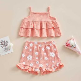 Kledingsets Kindermeisjes Shorts Set Dubbellaags hemdje met elastische taille Bloemenprint Shorts Zomeroutfit