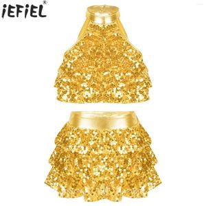 Kledingsets Kinderen Meisjes Mouwloze Glanzende Pailletten Gelaagde Crop Top Met Rok Outfits Set Modern Latin Jazz Dansen Stage Performance Kostuum