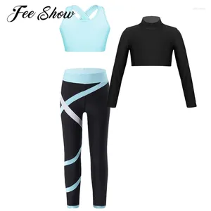 Ensembles de vêtements Enfants Filles Sports Yoga Courir à manches longues Crop Top avec soutien-gorge sans manches Colorblock Leggings Entraînement Fitness Survêtements